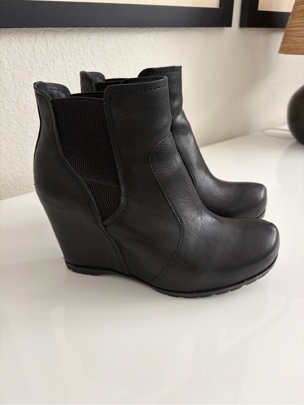 Kork-Ease Black Leather Wedge Ankle Boots